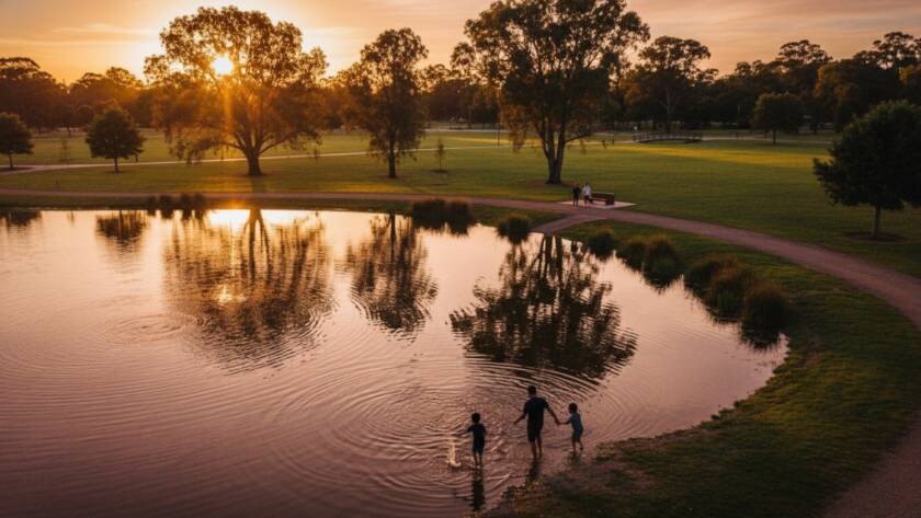 An aerial drone shot capturing a vibrant sunset over Noble Park Lake Reserve in Victoria, showcasing families enjoying the park and the community's green spaces, bathed in dramatic golden light.