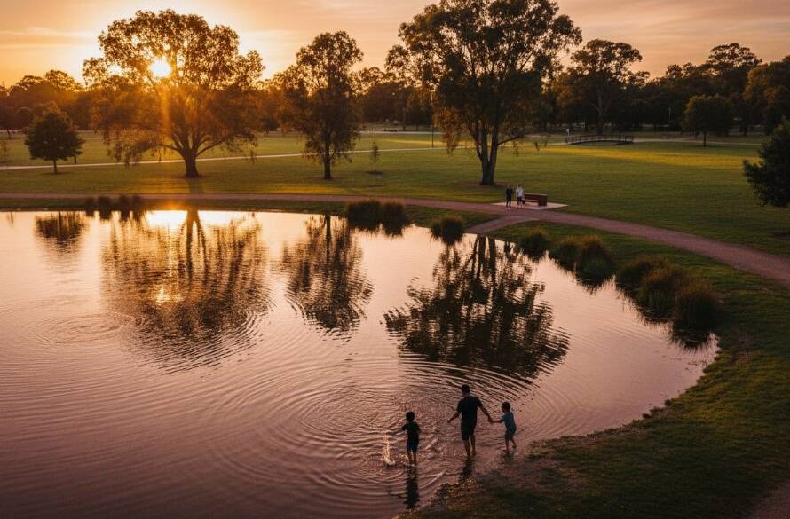 An aerial drone shot capturing a vibrant sunset over Noble Park Lake Reserve in Victoria, showcasing families enjoying the park and the community's green spaces, bathed in dramatic golden light.