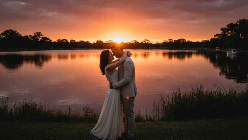 An epic moment of a couple embracing passionately at sunset in the Melton South Lakeside Gardens, featuring captivating pre-wedding photography Melton South Lakeside Gardens, with dramatic golden hour lighting and reflection on the water.