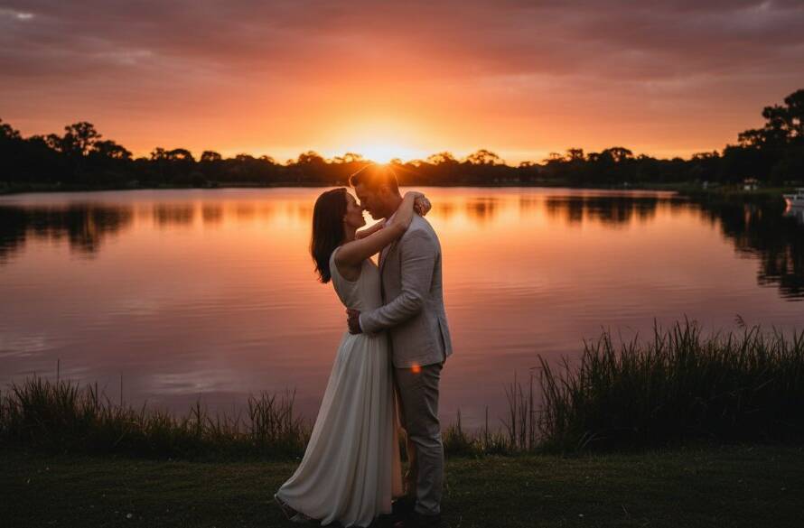 An epic moment of a couple embracing passionately at sunset in the Melton South Lakeside Gardens, featuring captivating pre-wedding photography Melton South Lakeside Gardens, with dramatic golden hour lighting and reflection on the water.