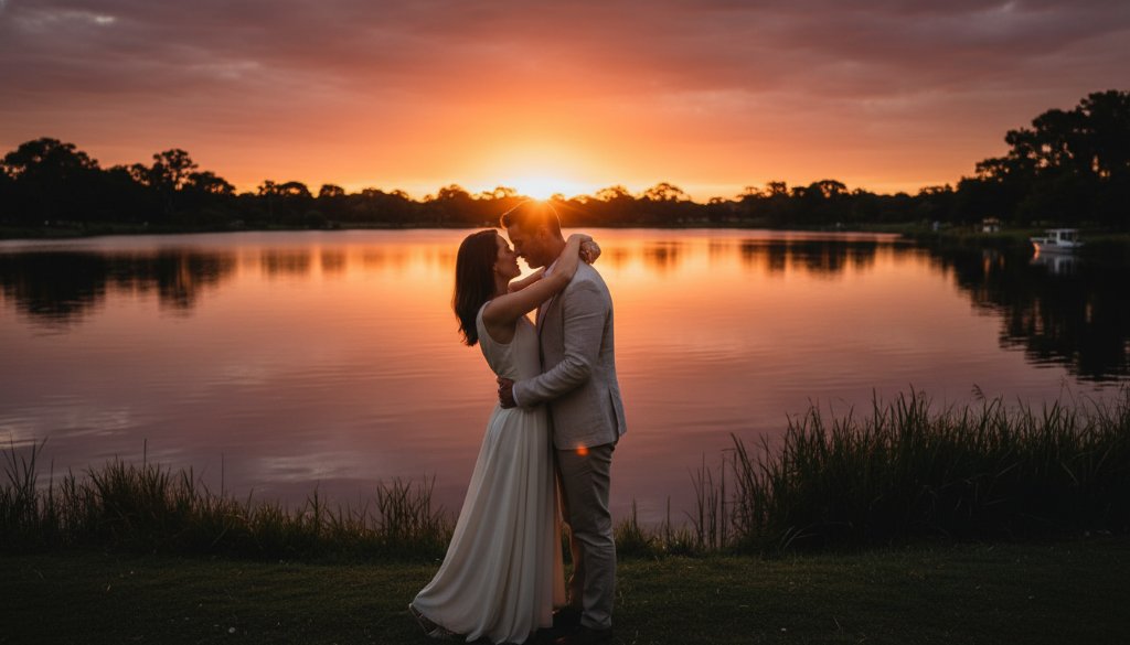 An epic moment of a couple embracing passionately at sunset in the Melton South Lakeside Gardens, featuring captivating pre-wedding photography Melton South Lakeside Gardens, with dramatic golden hour lighting and reflection on the water.