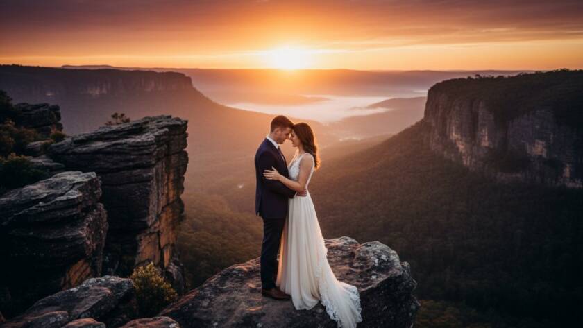 A couple shares a tender, romantic kiss amidst the golden hour glow, with panoramic views of the Dandenong Ranges serving as a breathtaking backdrop during their Captivating Pre-Wedding Photoshoots Ferntree Gully Dandenongs session. This epic moment captures their love and the stunning natural beauty.