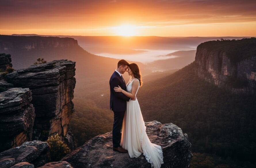 A couple shares a tender, romantic kiss amidst the golden hour glow, with panoramic views of the Dandenong Ranges serving as a breathtaking backdrop during their Captivating Pre-Wedding Photoshoots Ferntree Gully Dandenongs session. This epic moment captures their love and the stunning natural beauty.