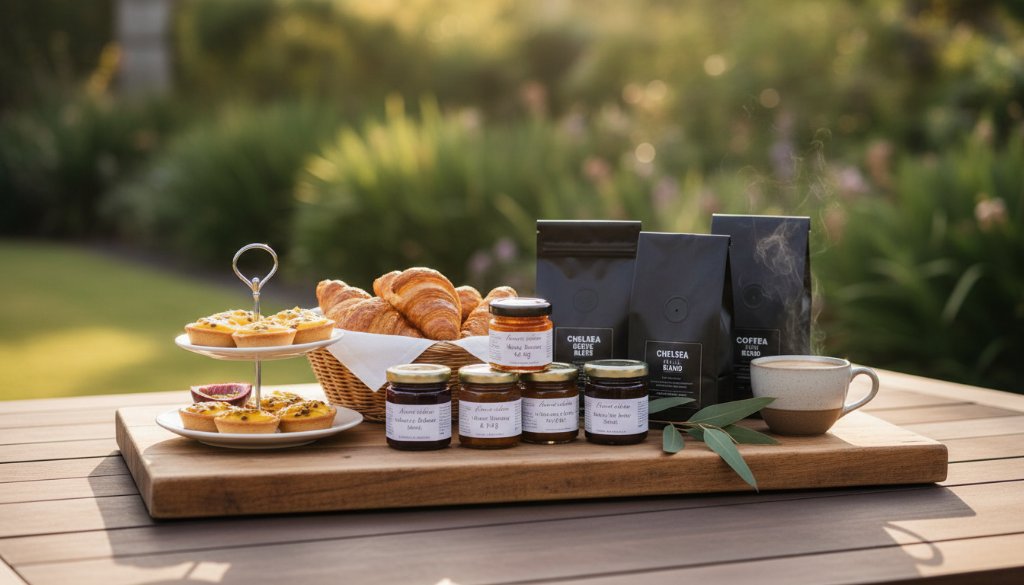 Dramatic overhead shot of meticulously arranged artisanal skincare products on a rustic wooden table, bathed in golden hour sunlight filtering through large windows, showcasing professional Captivating Product Photography Chelsea Heights Victoria with intricate details and textures, creating a luxurious and inviting mood.