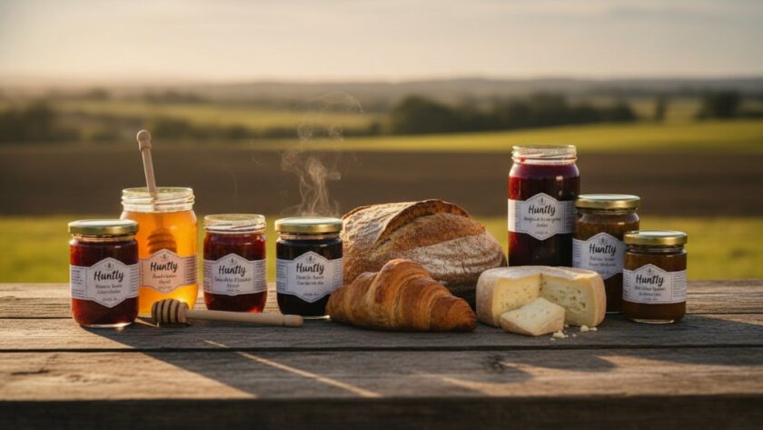 An epic moment captured: A beautifully styled flat lay featuring a range of Huntly artisan food products, perhaps some gourmet jams or small-batch cheeses, arranged artfully on a rustic wooden table bathed in golden hour sunlight, with the distant, soft hills of Huntly Victoria visible in the background, showcasing captivating product photography for Huntly artisan food brands.