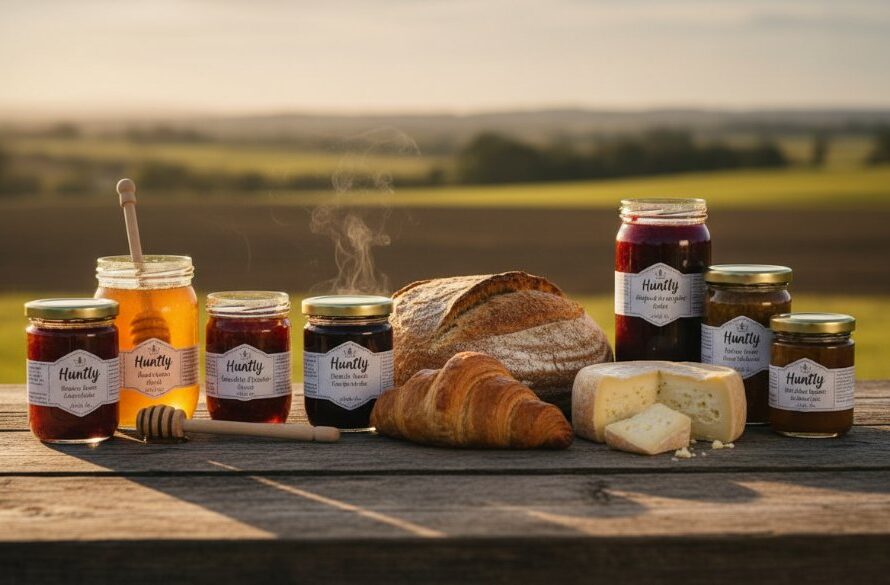 An epic moment captured: A beautifully styled flat lay featuring a range of Huntly artisan food products, perhaps some gourmet jams or small-batch cheeses, arranged artfully on a rustic wooden table bathed in golden hour sunlight, with the distant, soft hills of Huntly Victoria visible in the background, showcasing captivating product photography for Huntly artisan food brands.