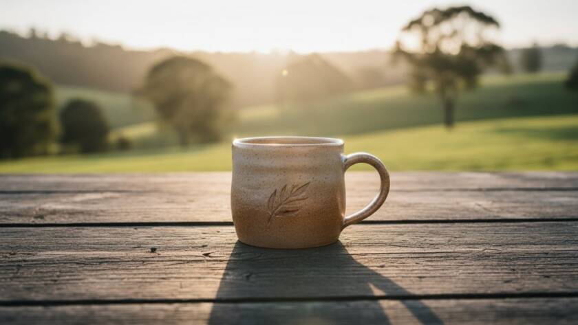 A wide, cinematic shot of a handcrafted gourmet food product, perhaps local preserves or artisanal bread, perfectly lit on a rustic wooden table at sunset, with the rolling hills and distant gum trees of Officer Victoria in the background, embodying captivating product photography for Officer Victoria businesses, dramatic and enticing.