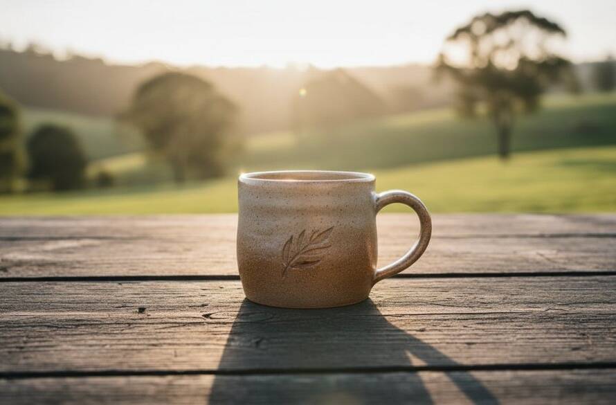 A wide, cinematic shot of a handcrafted gourmet food product, perhaps local preserves or artisanal bread, perfectly lit on a rustic wooden table at sunset, with the rolling hills and distant gum trees of Officer Victoria in the background, embodying captivating product photography for Officer Victoria businesses, dramatic and enticing.