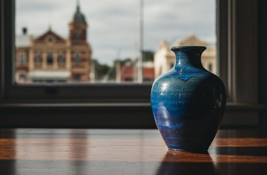 Dynamic, cinematic shot featuring a handcrafted artisan ceramic mug, dramatically lit against a moody, textural backdrop reminiscent of Williamstown's maritime heritage, with soft light catching its intricate details, showcasing captivating product photography Williamstown small businesses.