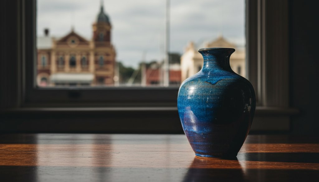 Dynamic, cinematic shot featuring a handcrafted artisan ceramic mug, dramatically lit against a moody, textural backdrop reminiscent of Williamstown's maritime heritage, with soft light catching its intricate details, showcasing captivating product photography Williamstown small businesses.
