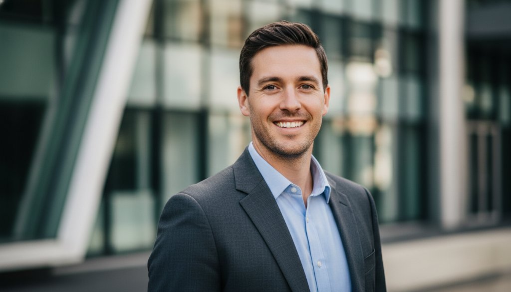 A dynamic and captivating professional headshot of a smiling, confident business professional in Box Hill North, Victoria, captured with dramatic lighting against a blurred, modern urban backdrop, embodying the essence of impactful branding.