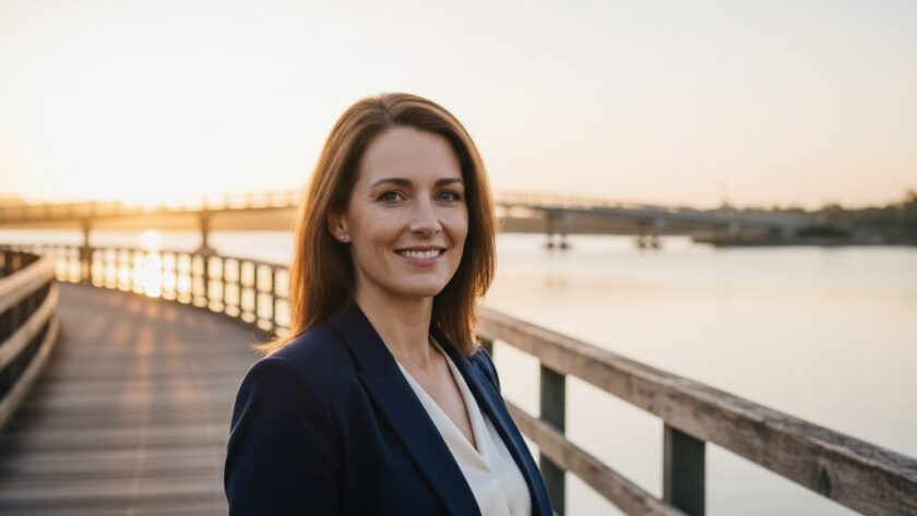 A dynamic and captivating professional headshot of a confident business professional, taken at sunrise overlooking the tranquil waters of Cunningham Arm in Lakes Entrance, Victoria, highlighting their strong presence with soft, golden light and a serene, aspirational backdrop.