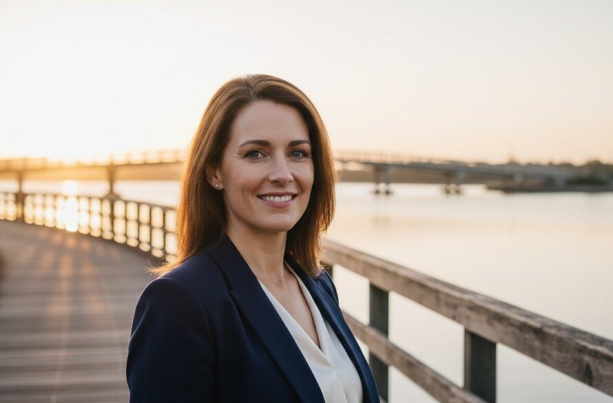 A dynamic and captivating professional headshot of a confident business professional, taken at sunrise overlooking the tranquil waters of Cunningham Arm in Lakes Entrance, Victoria, highlighting their strong presence with soft, golden light and a serene, aspirational backdrop.
