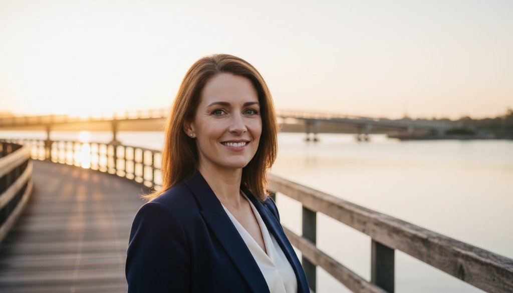 A dynamic and captivating professional headshot of a confident business professional, taken at sunrise overlooking the tranquil waters of Cunningham Arm in Lakes Entrance, Victoria, highlighting their strong presence with soft, golden light and a serene, aspirational backdrop.