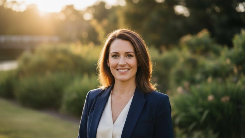 A striking, cinematic portrait capturing captivating professional headshots Orbost Victoria, featuring a confident individual against a dramatic Orbost river backdrop at sunset, with golden hour light highlighting their determined expression.
