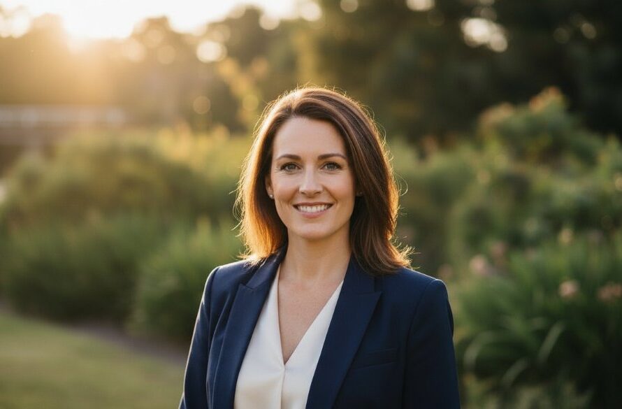 A striking, cinematic portrait capturing captivating professional headshots Orbost Victoria, featuring a confident individual against a dramatic Orbost river backdrop at sunset, with golden hour light highlighting their determined expression.