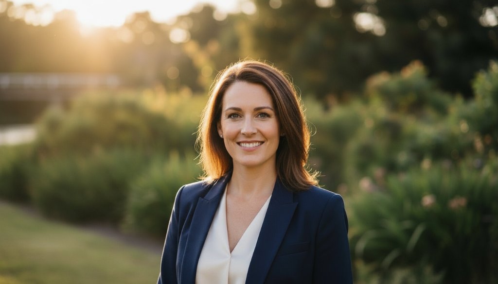 A striking, cinematic portrait capturing captivating professional headshots Orbost Victoria, featuring a confident individual against a dramatic Orbost river backdrop at sunset, with golden hour light highlighting their determined expression.