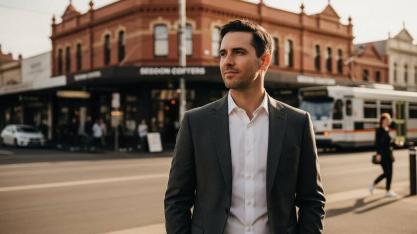A confident female entrepreneur, mid-laughter, stands in front of a colourful street art mural in Seddon, Victoria, under warm afternoon light. This captivating professional headshots Seddon entrepreneurs image captures genuine personality and the vibrant local atmosphere.