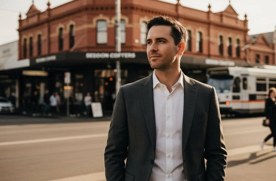 A confident female entrepreneur, mid-laughter, stands in front of a colourful street art mural in Seddon, Victoria, under warm afternoon light. This captivating professional headshots Seddon entrepreneurs image captures genuine personality and the vibrant local atmosphere.