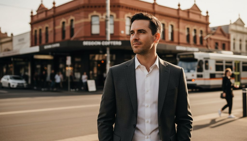 A confident female entrepreneur, mid-laughter, stands in front of a colourful street art mural in Seddon, Victoria, under warm afternoon light. This captivating professional headshots Seddon entrepreneurs image captures genuine personality and the vibrant local atmosphere.