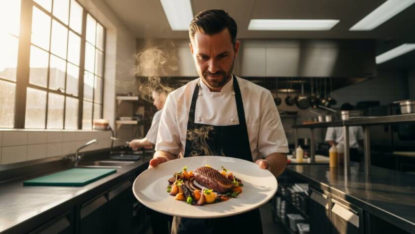 Dynamic, wide-angle shot of a chef proudly presenting a dish in a modern Ringwood restaurant kitchen, lit with dramatic golden hour light, representing captivating Ringwood commercial photography for local businesses.