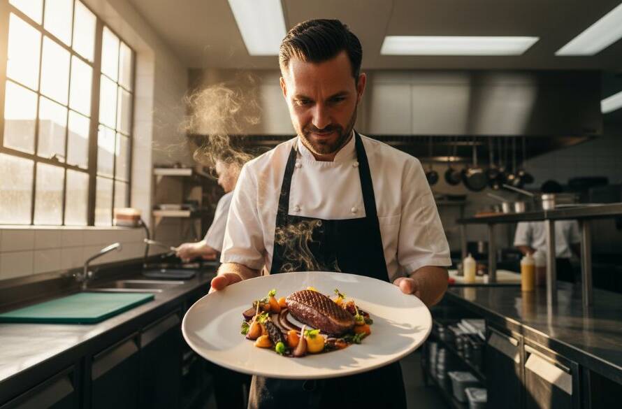 Dynamic, wide-angle shot of a chef proudly presenting a dish in a modern Ringwood restaurant kitchen, lit with dramatic golden hour light, representing captivating Ringwood commercial photography for local businesses.