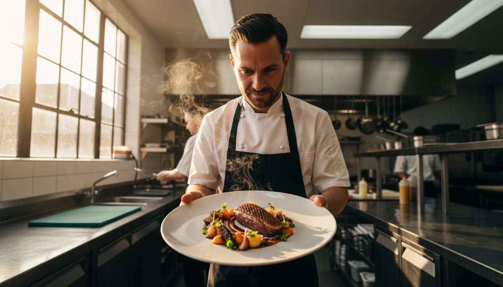 Dynamic, wide-angle shot of a chef proudly presenting a dish in a modern Ringwood restaurant kitchen, lit with dramatic golden hour light, representing captivating Ringwood commercial photography for local businesses.