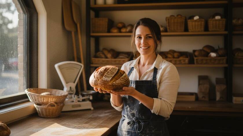 Dynamic, cinematic wide shot of a local Ringwood East small business owner proudly showcasing their artisanal product in their bustling shop, bathed in dramatic golden hour light, representing captivating Ringwood East advertising photography.