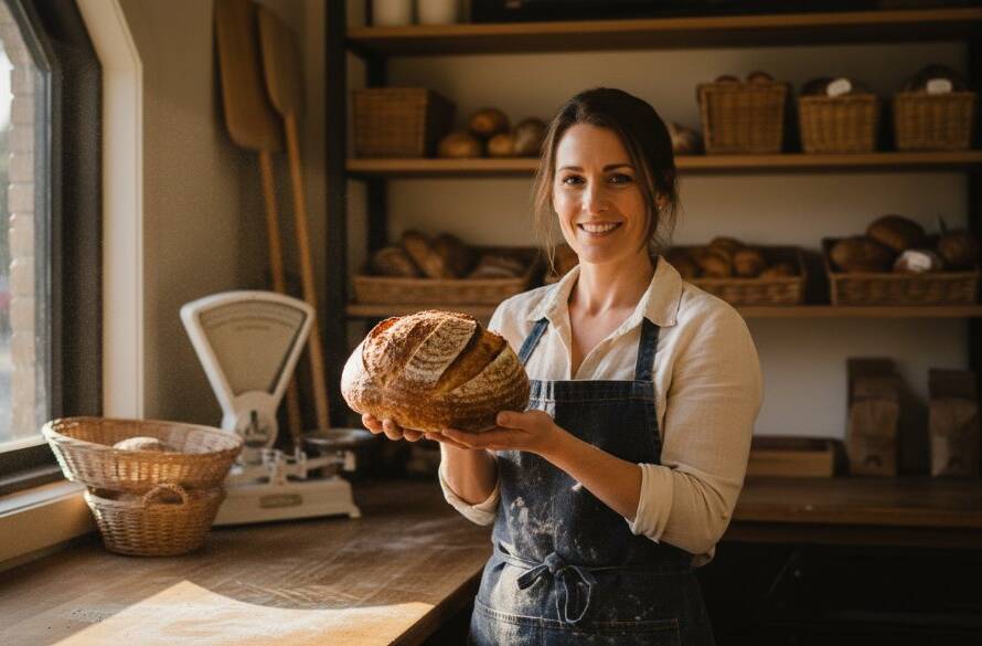 Dynamic, cinematic wide shot of a local Ringwood East small business owner proudly showcasing their artisanal product in their bustling shop, bathed in dramatic golden hour light, representing captivating Ringwood East advertising photography.