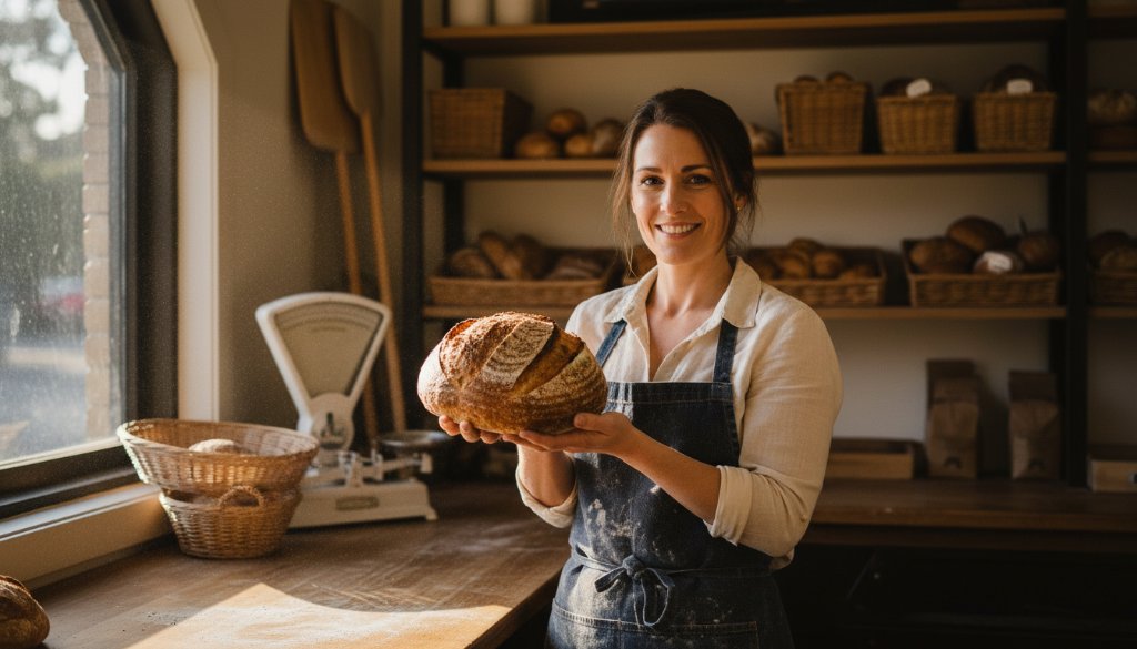 Dynamic, cinematic wide shot of a local Ringwood East small business owner proudly showcasing their artisanal product in their bustling shop, bathed in dramatic golden hour light, representing captivating Ringwood East advertising photography.