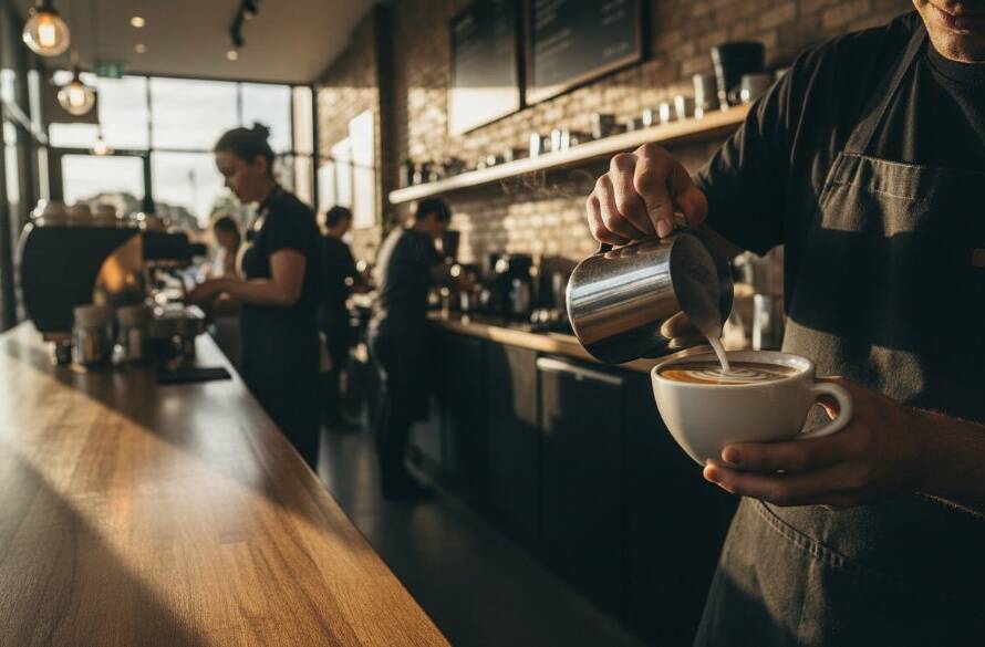 A dynamic, high-angle shot showcasing vibrant, locally sourced gourmet coffee beans spilling dramatically from a stylish bag on a rustic timber table in a sun-drenched Ringwood cafe, highlighting captivating Ringwood product photography for local retail brands.