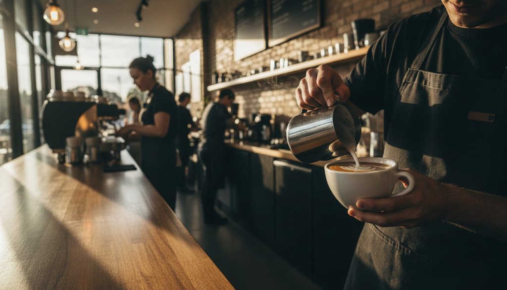 A dynamic, high-angle shot showcasing vibrant, locally sourced gourmet coffee beans spilling dramatically from a stylish bag on a rustic timber table in a sun-drenched Ringwood cafe, highlighting captivating Ringwood product photography for local retail brands.