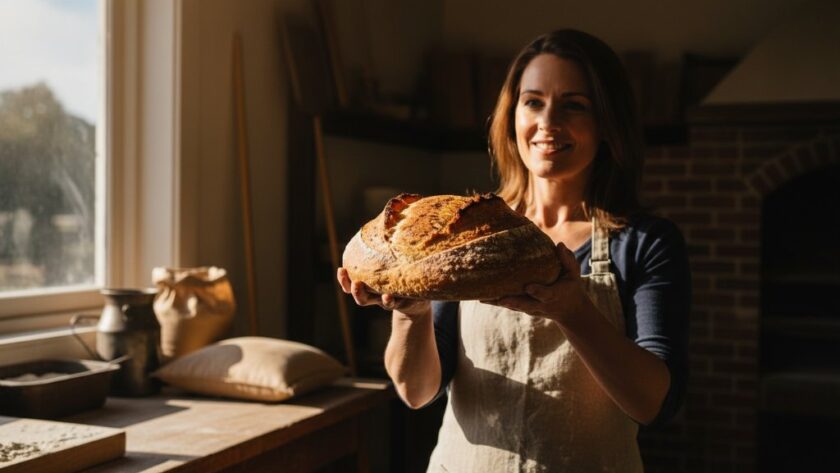 A dynamic, wide-angle shot of a local artisanal baker in Sebastopol proudly presenting a freshly baked sourdough loaf, dramatically lit with warm, golden light reflecting off the crust, showcasing the captivating Sebastopol advertising product photography potential for local businesses.