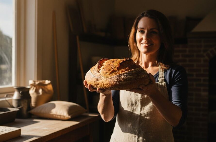 A dynamic, wide-angle shot of a local artisanal baker in Sebastopol proudly presenting a freshly baked sourdough loaf, dramatically lit with warm, golden light reflecting off the crust, showcasing the captivating Sebastopol advertising product photography potential for local businesses.
