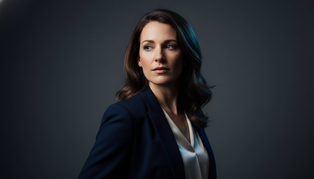 An emotive wide shot showcasing captivating studio portrait photography Doveton Victoria, featuring a subject bathed in dramatic, cinematic light, conveying a powerful personal narrative against a minimalist backdrop.