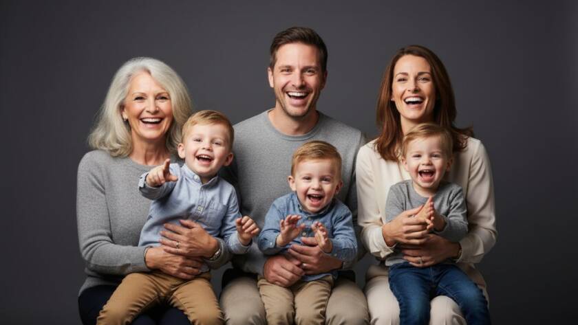 A dramatic and captivating studio portraits Rowville Victoria shot of a family embracing, bathed in soft, ethereal light against a dark background, capturing a timeless, emotional moment with professional color grading.