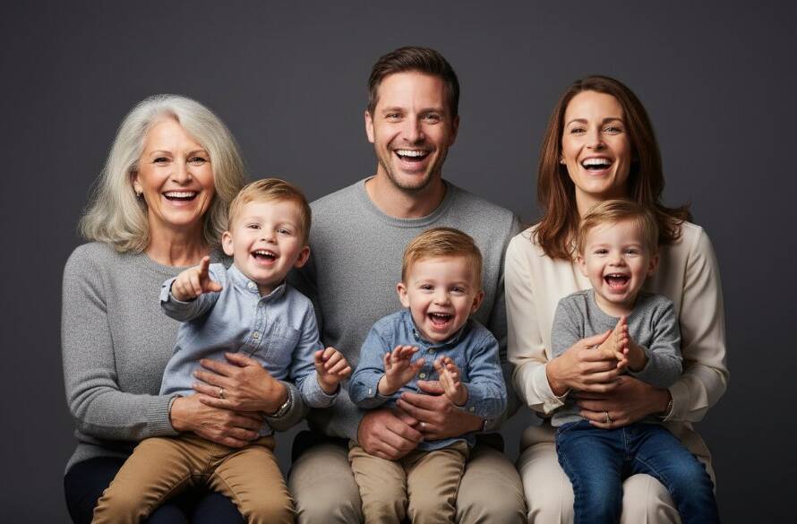 A dramatic and captivating studio portraits Rowville Victoria shot of a family embracing, bathed in soft, ethereal light against a dark background, capturing a timeless, emotional moment with professional color grading.