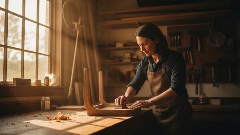 An epic moment captured in stunning detail, showcasing captivating Vermont advertising photography for local brands, featuring a local artisan expertly crafting a bespoke item in a sun-drenched Vermont studio, with dramatic lighting highlighting the texture and precision of their work, evoking quality and craftsmanship.