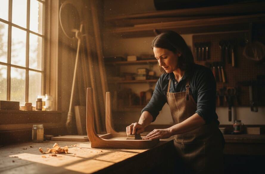 An epic moment captured in stunning detail, showcasing captivating Vermont advertising photography for local brands, featuring a local artisan expertly crafting a bespoke item in a sun-drenched Vermont studio, with dramatic lighting highlighting the texture and precision of their work, evoking quality and craftsmanship.