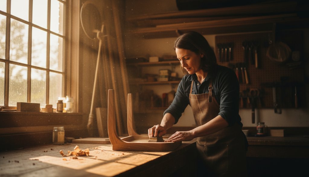 An epic moment captured in stunning detail, showcasing captivating Vermont advertising photography for local brands, featuring a local artisan expertly crafting a bespoke item in a sun-drenched Vermont studio, with dramatic lighting highlighting the texture and precision of their work, evoking quality and craftsmanship.