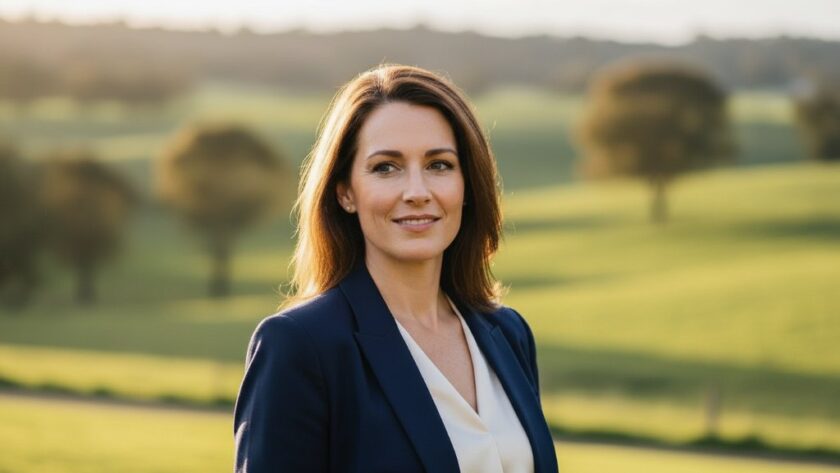 A male entrepreneur in a sharp suit, confidently gazing into the distance, with the serene, rolling hills of Wallan, Victoria in the soft-focused background during golden hour. This captivating Wallan professional headshot captures his ambition and leadership, with dramatic sidelighting and rich, cinematic colour grading.