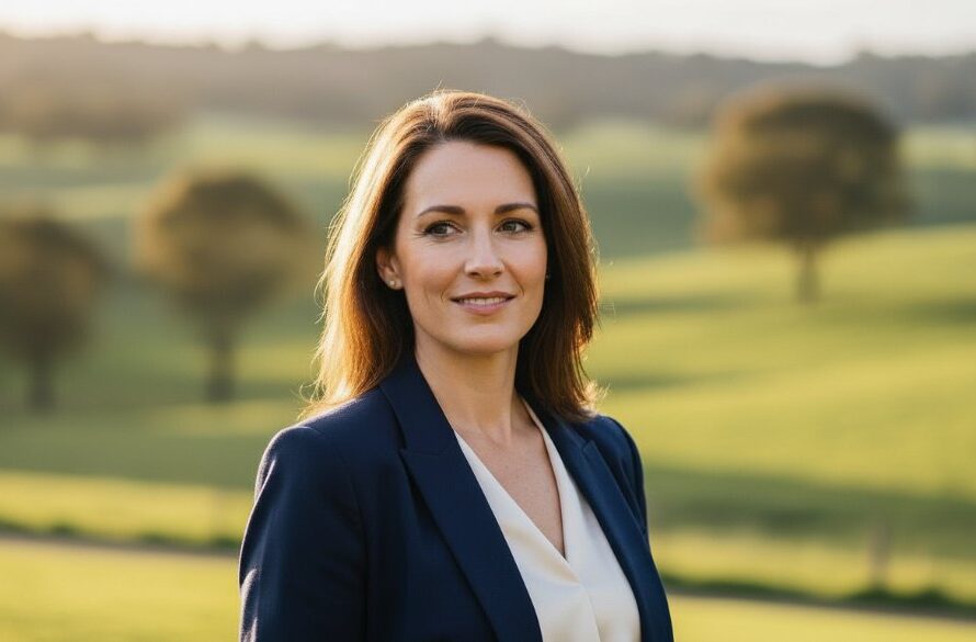 A male entrepreneur in a sharp suit, confidently gazing into the distance, with the serene, rolling hills of Wallan, Victoria in the soft-focused background during golden hour. This captivating Wallan professional headshot captures his ambition and leadership, with dramatic sidelighting and rich, cinematic colour grading.