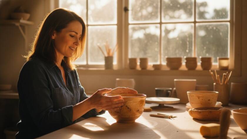 Captivating Warrandyte advertising photography for authentic brand stories featuring a local artisan passionately crafting a unique ceramic piece in their sunlit Warrandyte studio, dramatic side lighting highlighting textures and focus.