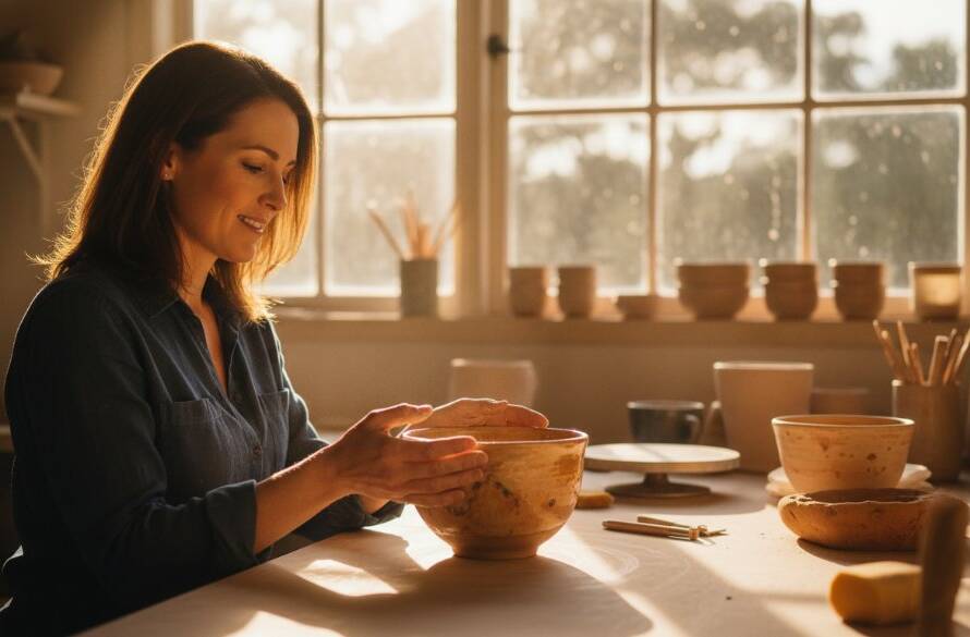 Captivating Warrandyte advertising photography for authentic brand stories featuring a local artisan passionately crafting a unique ceramic piece in their sunlit Warrandyte studio, dramatic side lighting highlighting textures and focus.