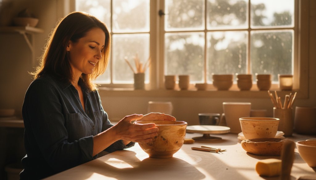 Captivating Warrandyte advertising photography for authentic brand stories featuring a local artisan passionately crafting a unique ceramic piece in their sunlit Warrandyte studio, dramatic side lighting highlighting textures and focus.