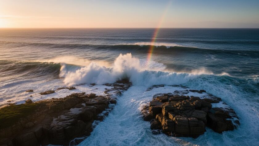 An epic drone shot capturing the rugged coastline of Dennington, Victoria, at sunset, with golden light reflecting off the waves, highlighting the natural beauty and grandeur, perfect for showcasing how to capture Dennington's natural beauty with expert drone photography.