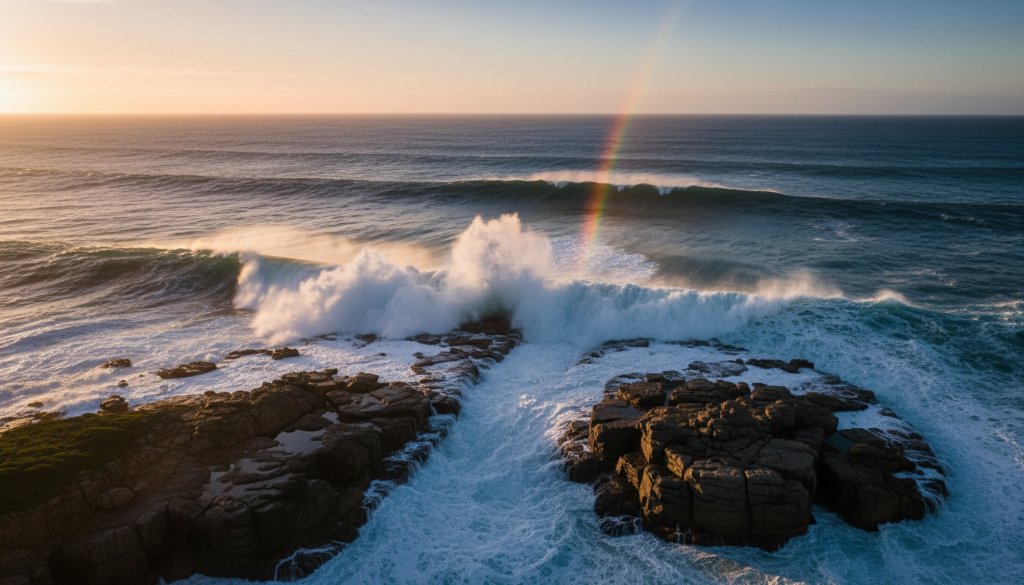 An epic drone shot capturing the rugged coastline of Dennington, Victoria, at sunset, with golden light reflecting off the waves, highlighting the natural beauty and grandeur, perfect for showcasing how to capture Dennington's natural beauty with expert drone photography.