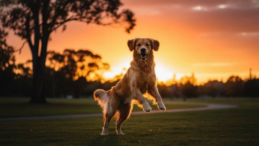 An epic moment capturing joyful pet moments Donvale VIC: a golden retriever mid-leap, silhouetted against a setting sun in a Donvale park, its fur illuminated by golden light, full of energy and happiness, a truly professional and colour-graded cinematic photograph.