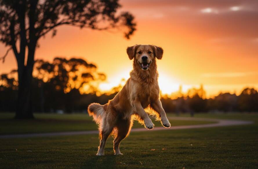 An epic moment capturing joyful pet moments Donvale VIC: a golden retriever mid-leap, silhouetted against a setting sun in a Donvale park, its fur illuminated by golden light, full of energy and happiness, a truly professional and colour-graded cinematic photograph.