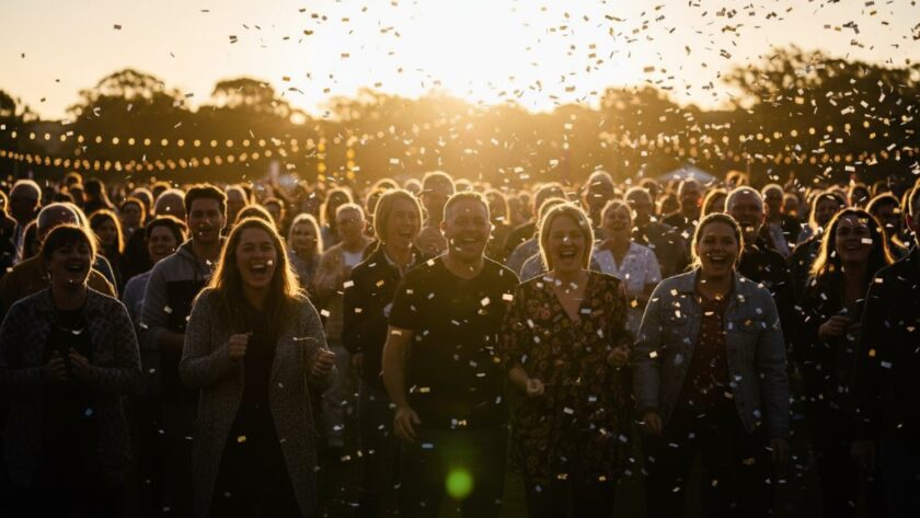 An epic moment of joy and celebration captured by professional event photography Morwell Victoria, featuring guests laughing and dancing under twinkling lights at a Morwell civic hall, showcasing the vibrant atmosphere and genuine emotions.